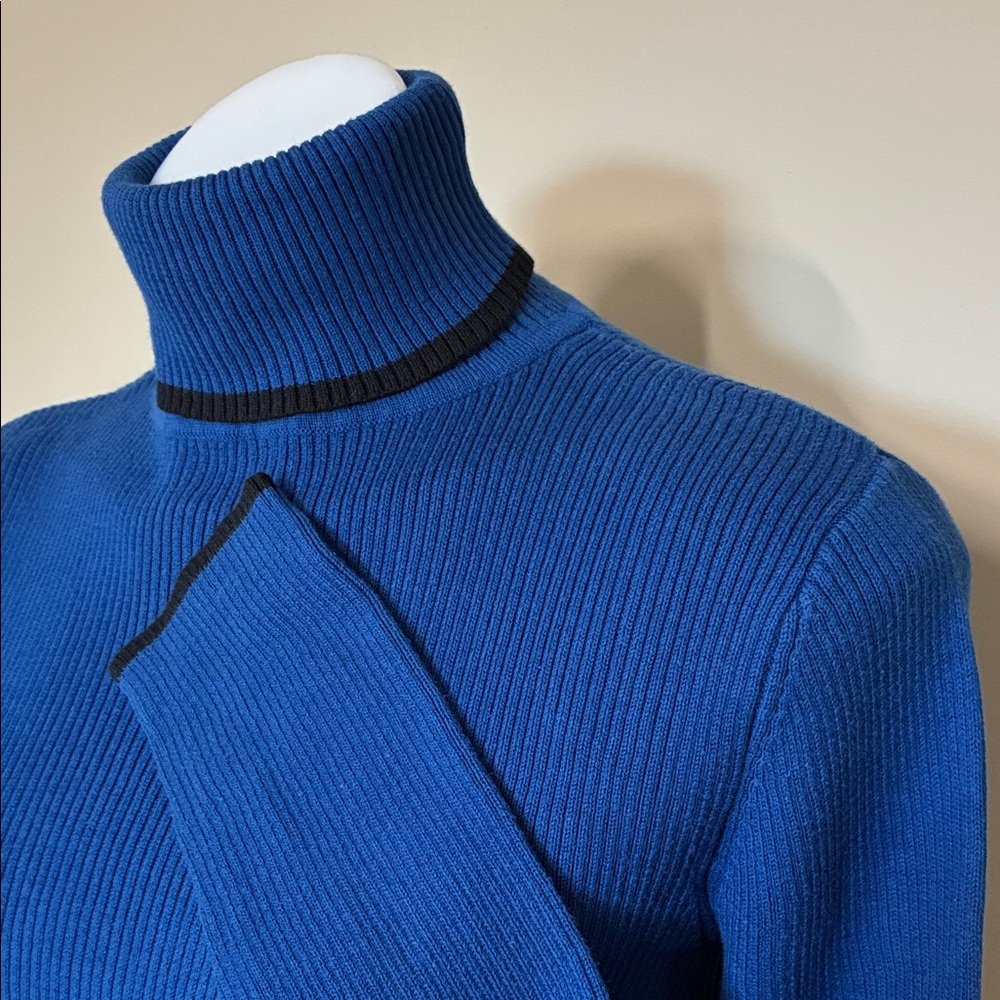 Women's Blue Turtleneck Cotton Sweater; Bodycon; Ribbed; Black Accent; Size: Sm